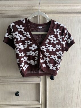 Garage Brown Short-Sleeve Floral Cropped Cardigan